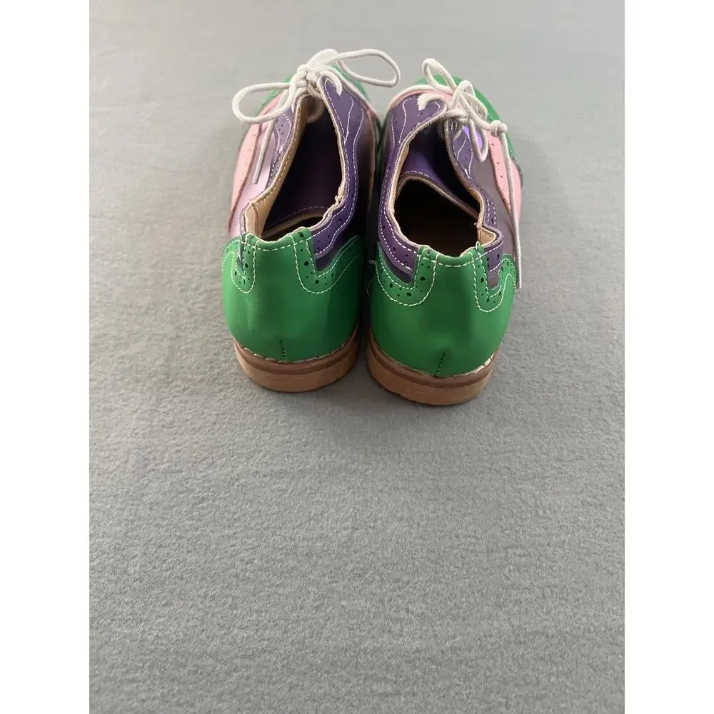 Womens Blue Green Lace-Up Brogue Flat Shoes Size US 7.5 Wingtip Style
